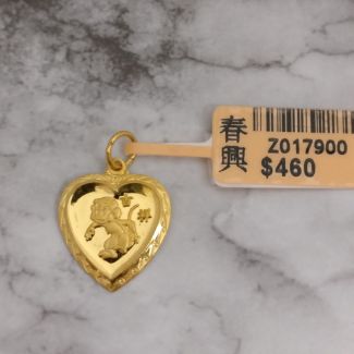 24K Heart Monkey Traditional Pendant - Z017900